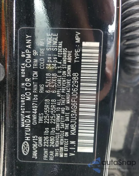 2015 Hyundai Tucson Limited z USA, uszkodzony, nr VIN KM8JU3AG6FU062988